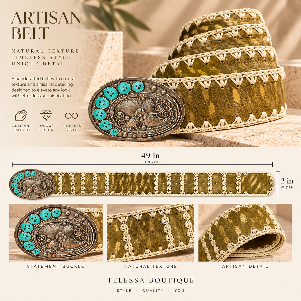 Olive Blue Gold Artisan Statement Belt