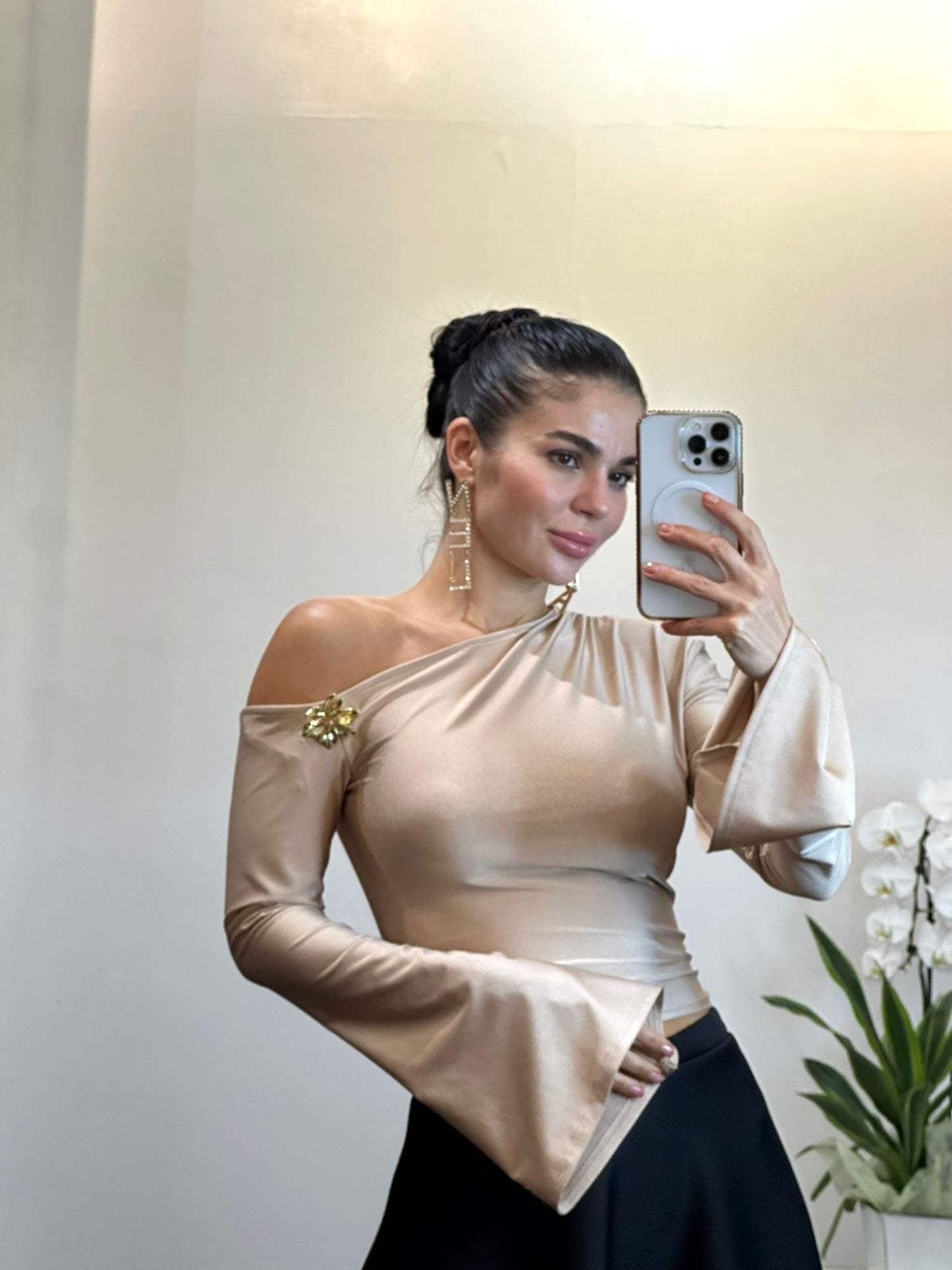 Beige Satin One-Shoulder Blouse with Flared Sleeve
