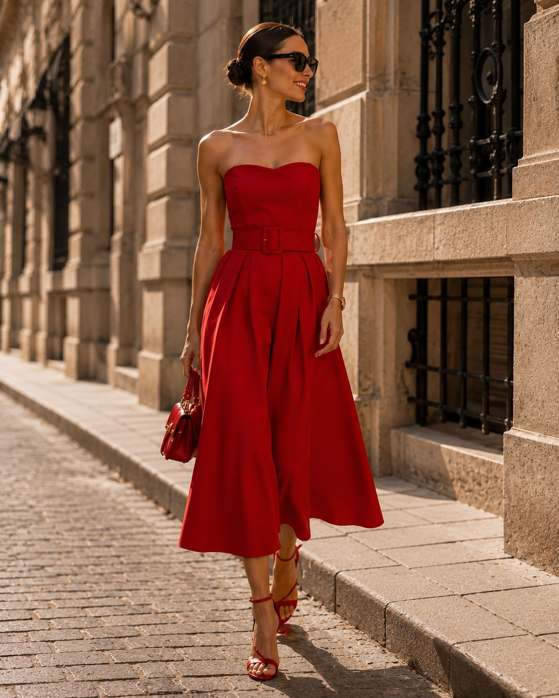 Italian Red Strapless Belted Midi Dress