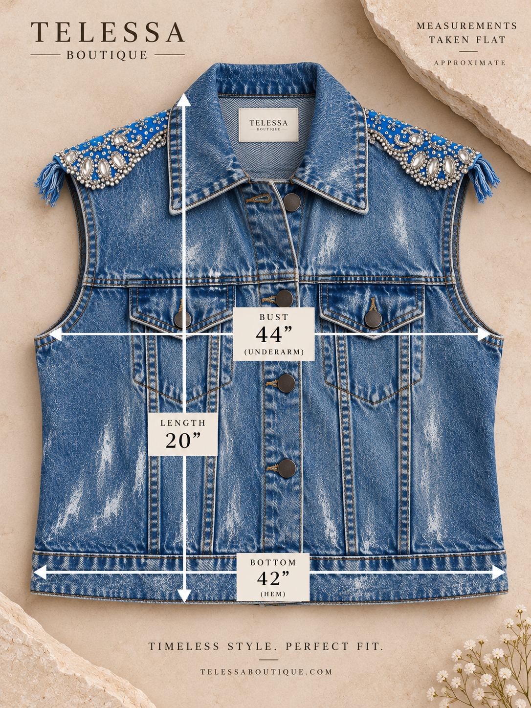 One-of-a-Kind Artisan Embellished Denim Vest Blue/Silver