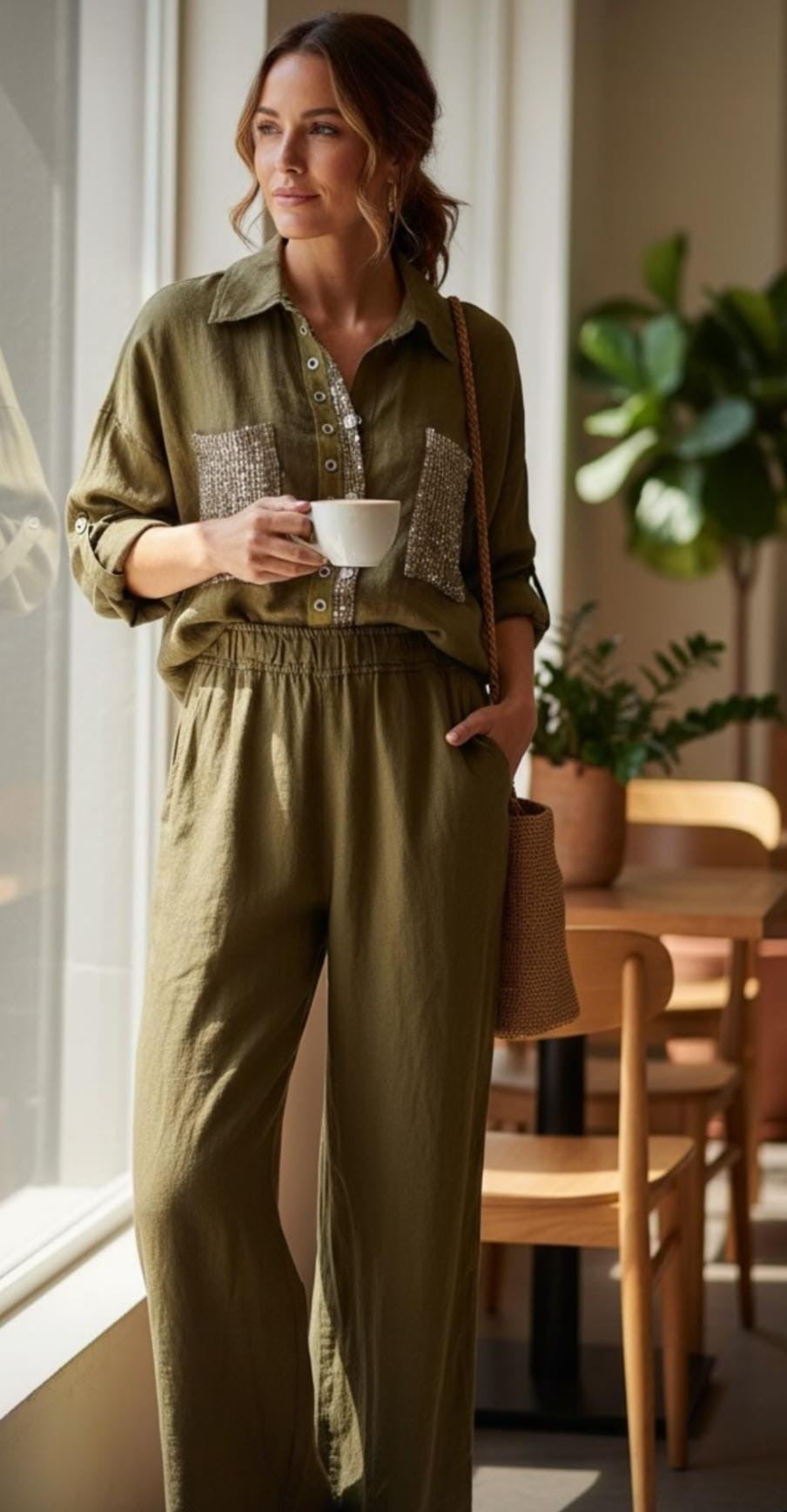 Italian linen set with sequins Olive