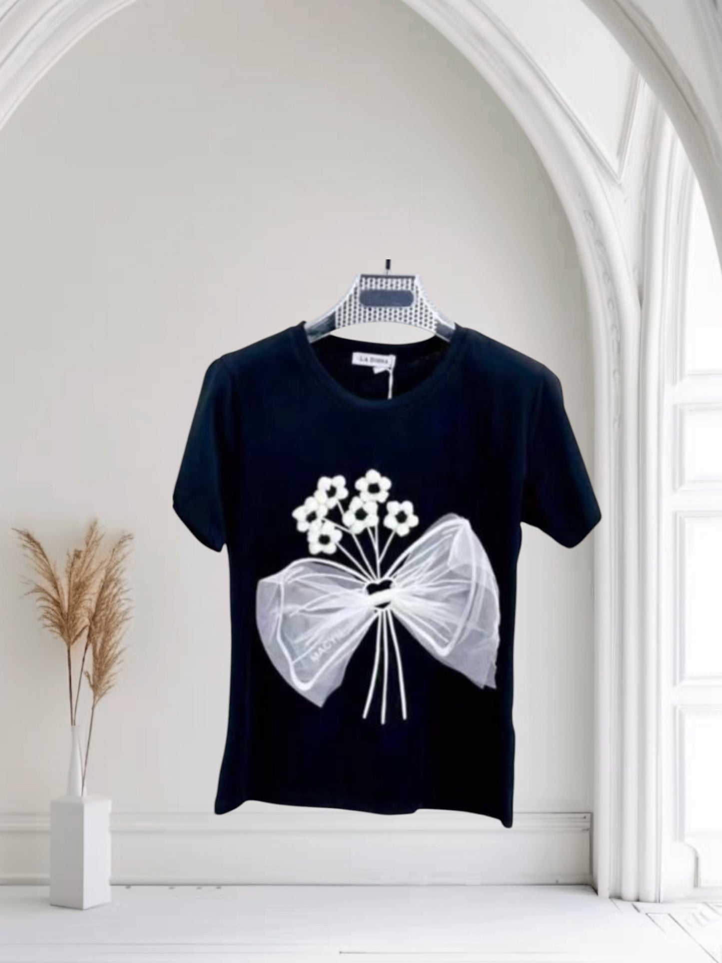 Top with 3D Flowers and Bow Accents Black