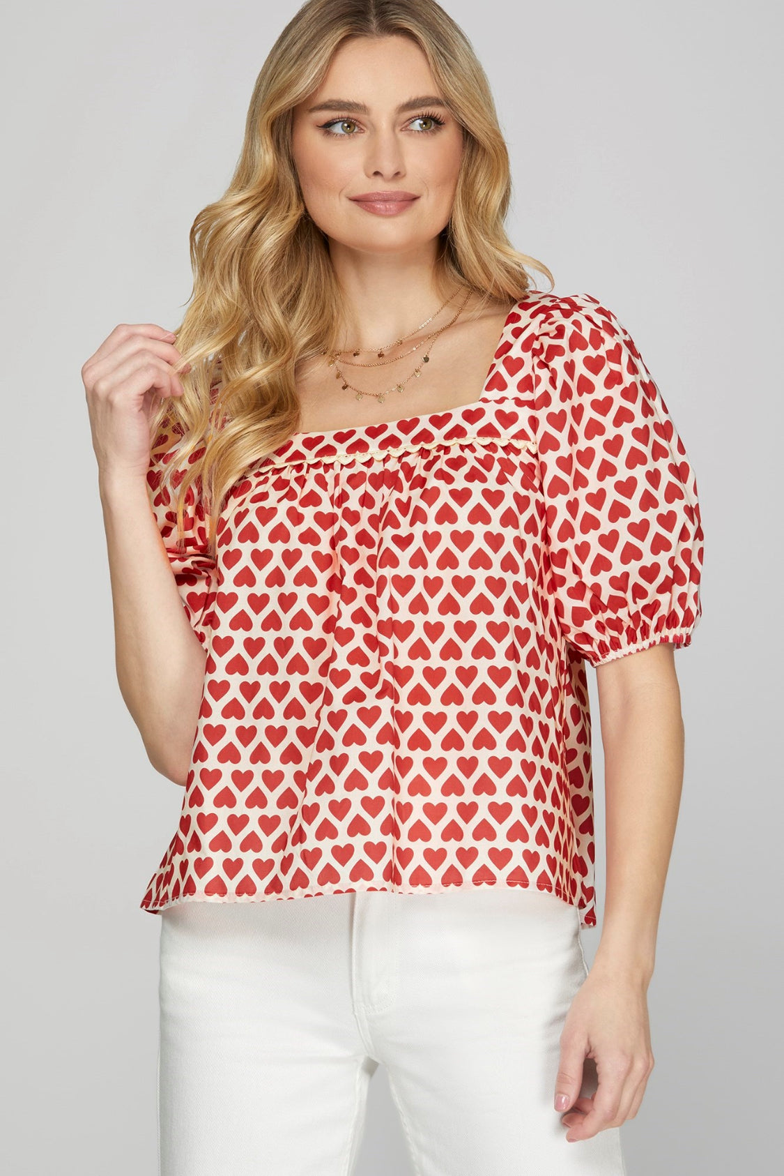 Short Puff Sleeve Heart Printed Top