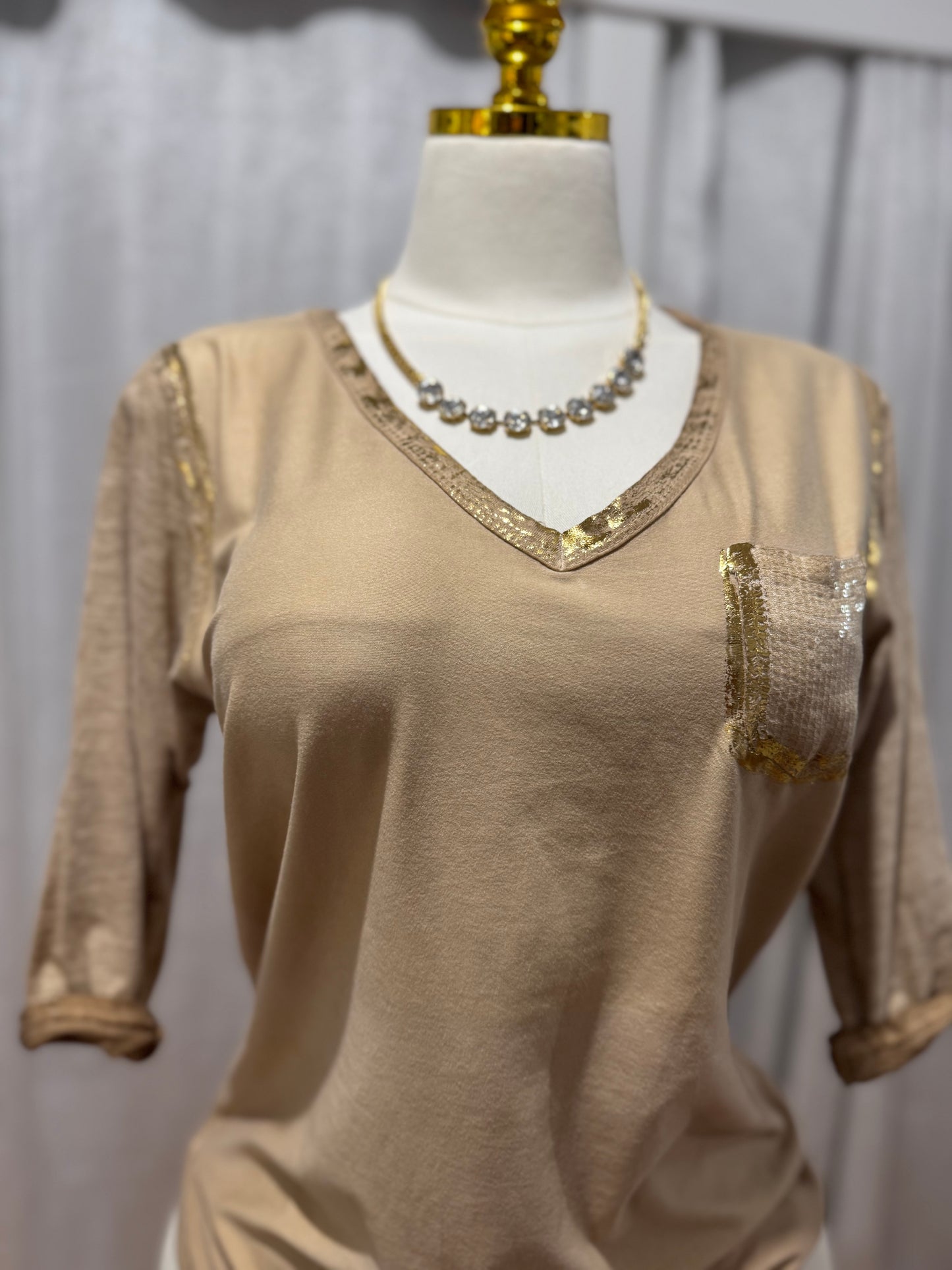Gold Long Sleeve Top With Distinctive Accent Pocket