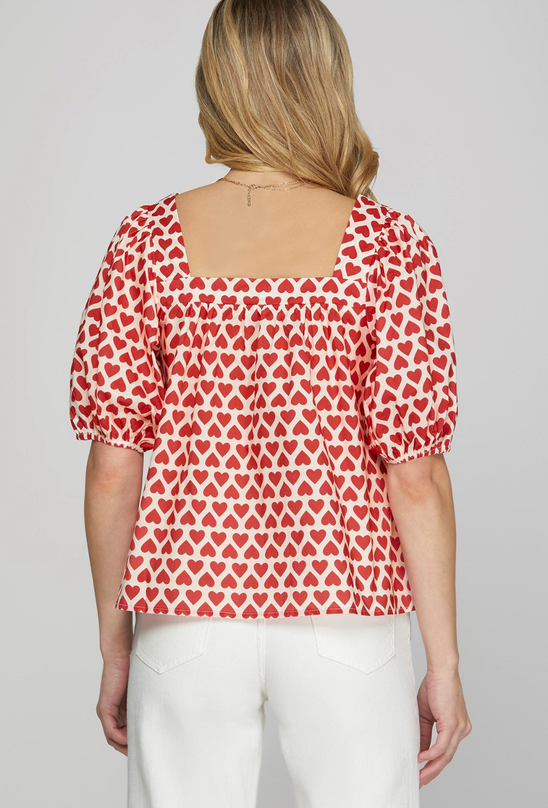 Short Puff Sleeve Heart Printed Top