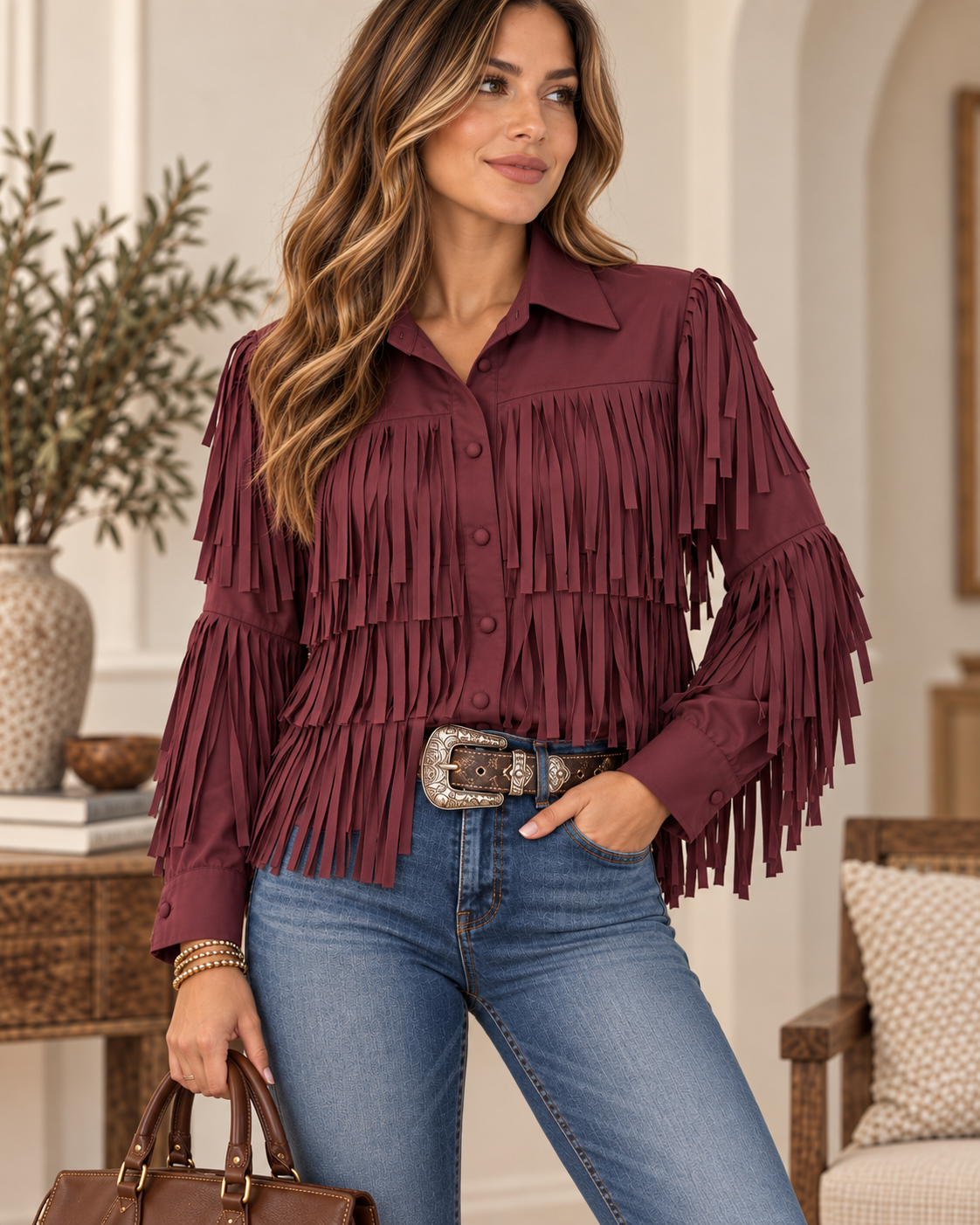 Italian Fringes Button Down Top Wine