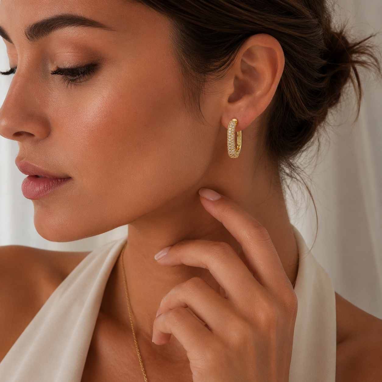 Geometric Hoop Earrings With 18K Gold Plated Finish Featuring Zircon Inlay