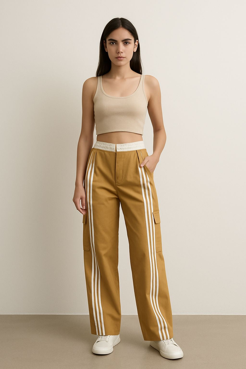 Beige and White Lines Desing Swag pants