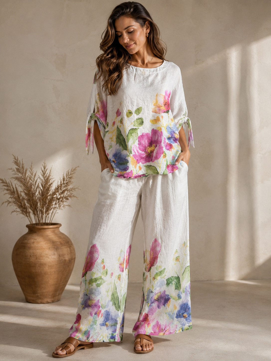 Italian White Floral Linen Set