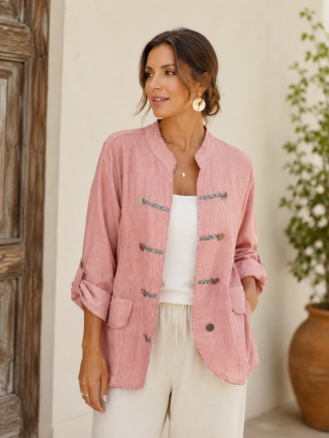 Italian Linen Jacket with Crystal Trim Pink