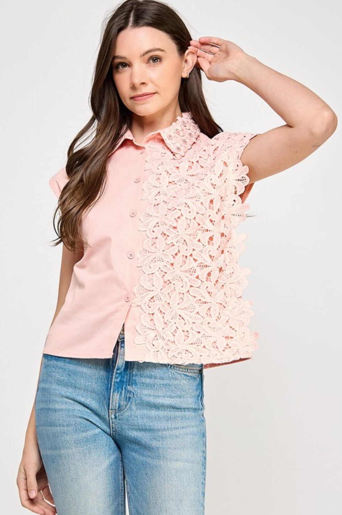 Lace Accent Top with Rhinestone in Neckline Pink