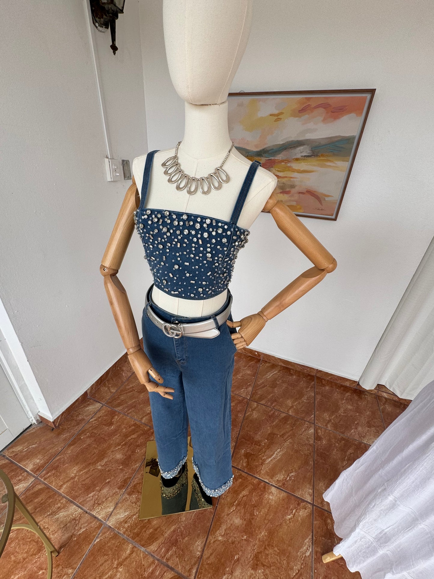 Set Denim Rhinestone Crop Top & Pants