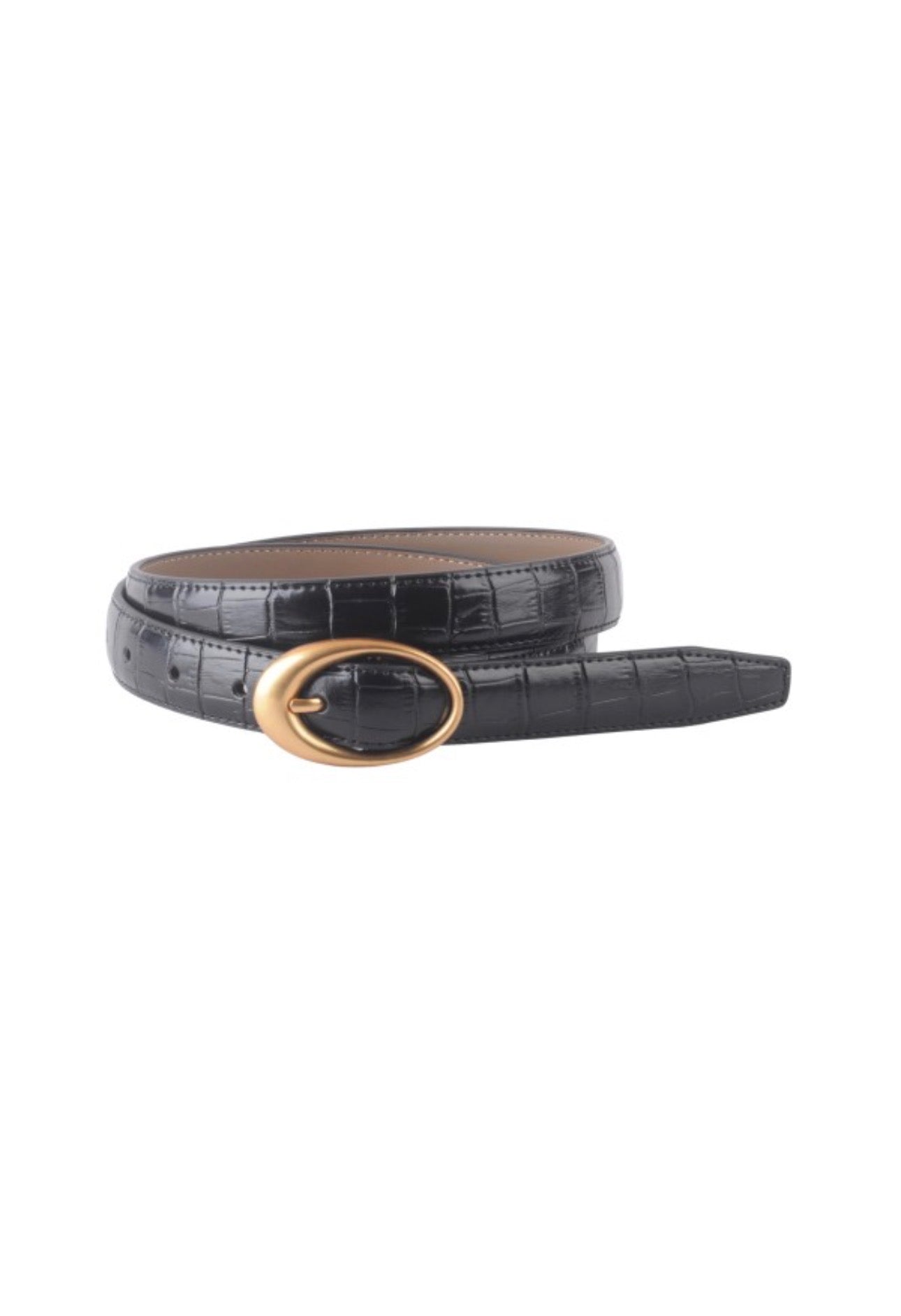 Black Leather Belt with Gold Equestrian-Inspired Buckle