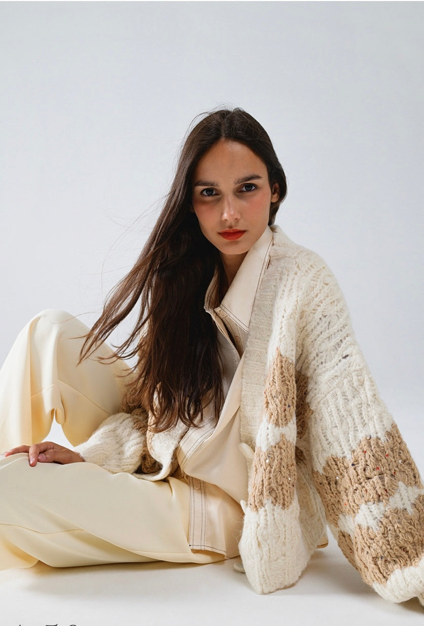 Chunky Knit Striped Cardigan With Sequin Details in Cream