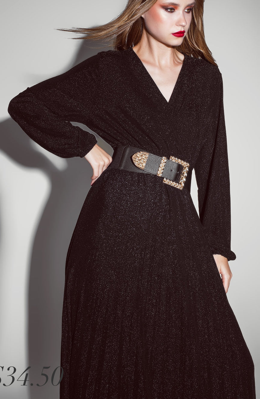 Party Long Sleeve Maxi Dress with Glitter in Black (Belt not included)