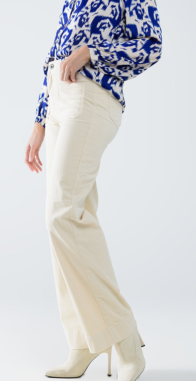 Straight Leg Corduroy Jeans in Ecru with Pockets Cream