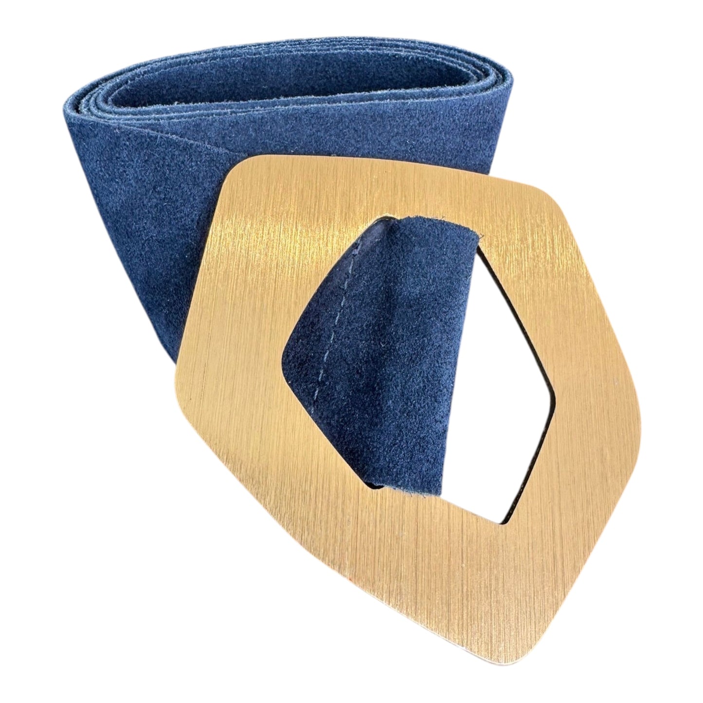 Navy Suede Geometric Gold Buckle Belt