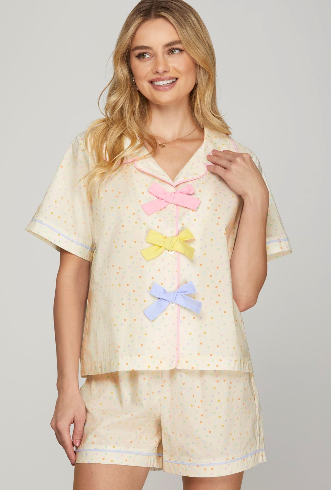 Short Sleeve Polkadot Print Top and Short Pajama
