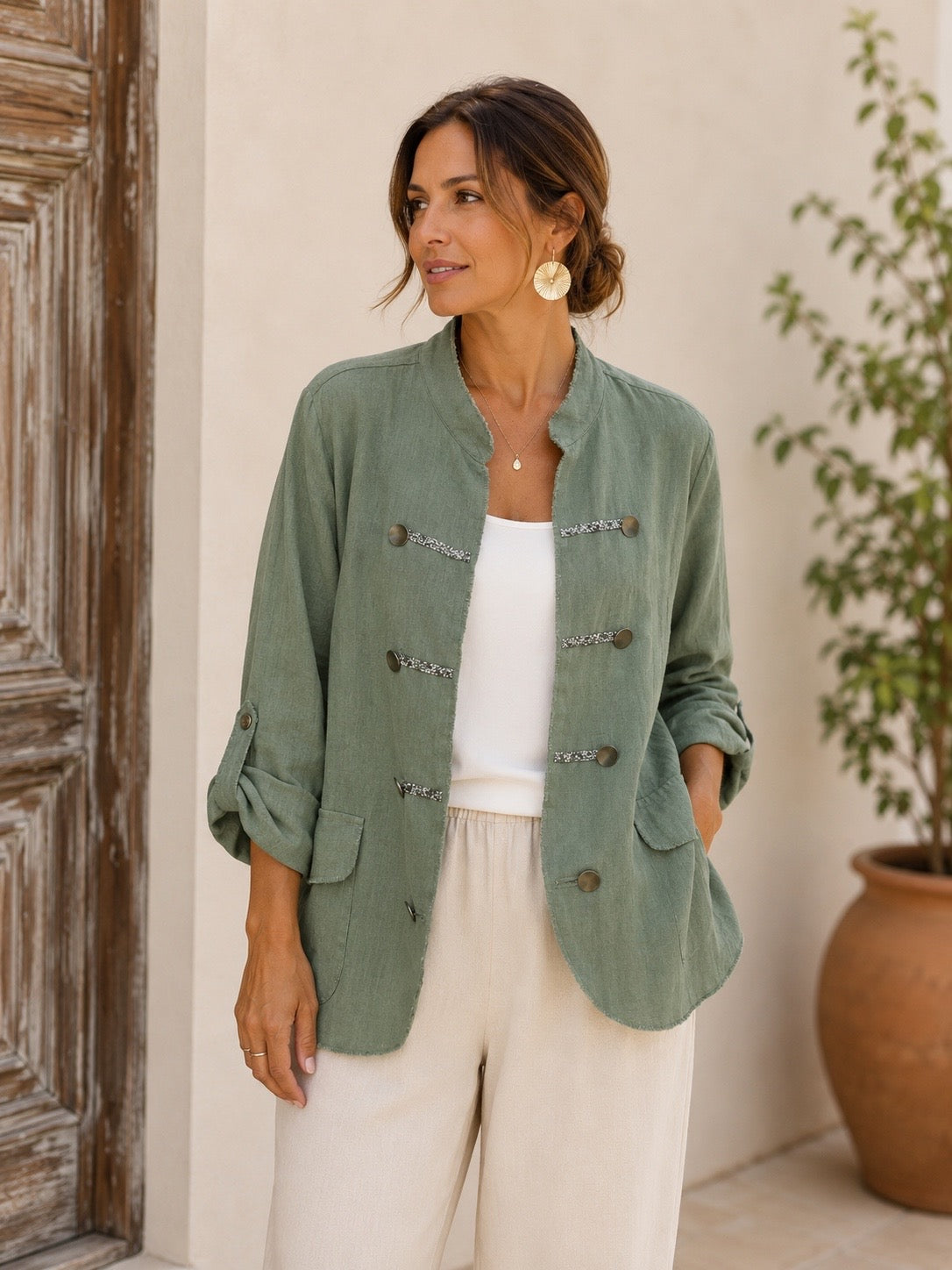 Italian Linen Jacket with Crystal Trim Green