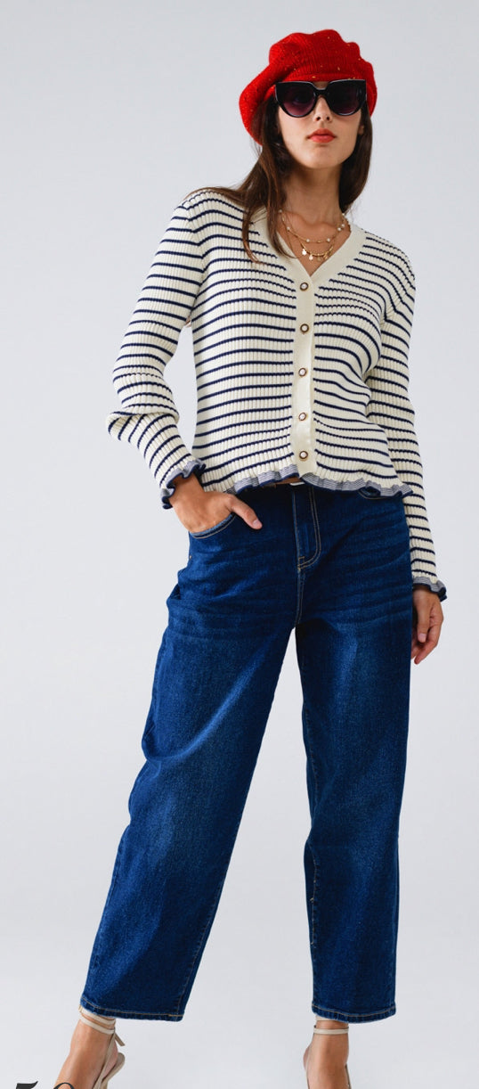 Striped Cardigan in Cream With Ruffle