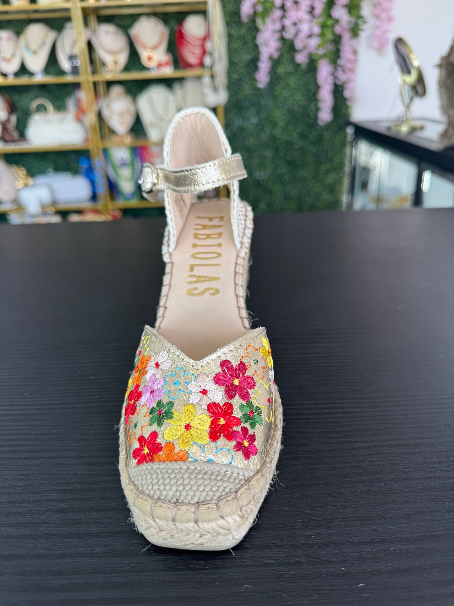 Espadrille with Flowers Embroidery Leather Upper Fabiolas in Champagne