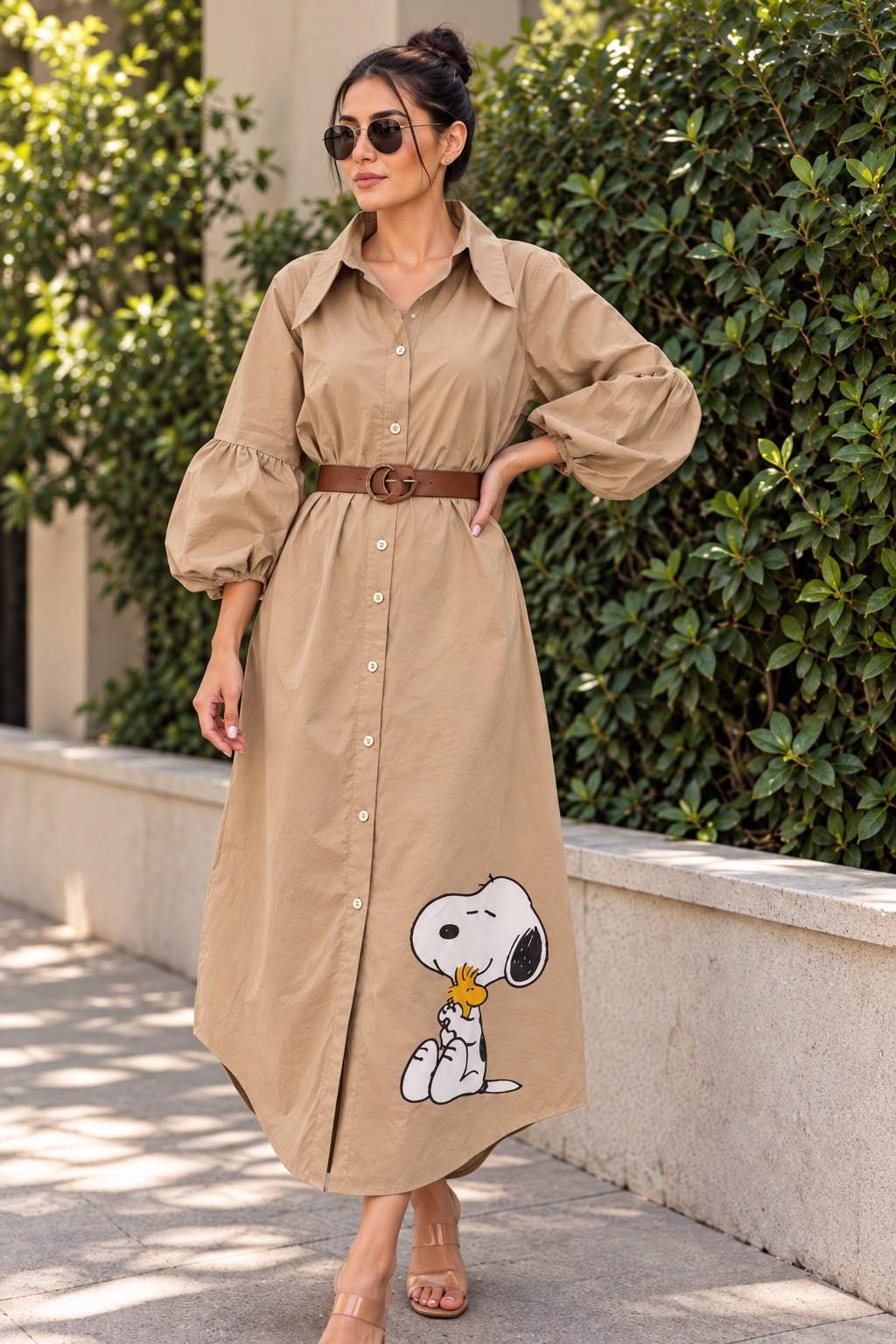 Khaki Snoopy & Woodstock Belted Maxi Dress