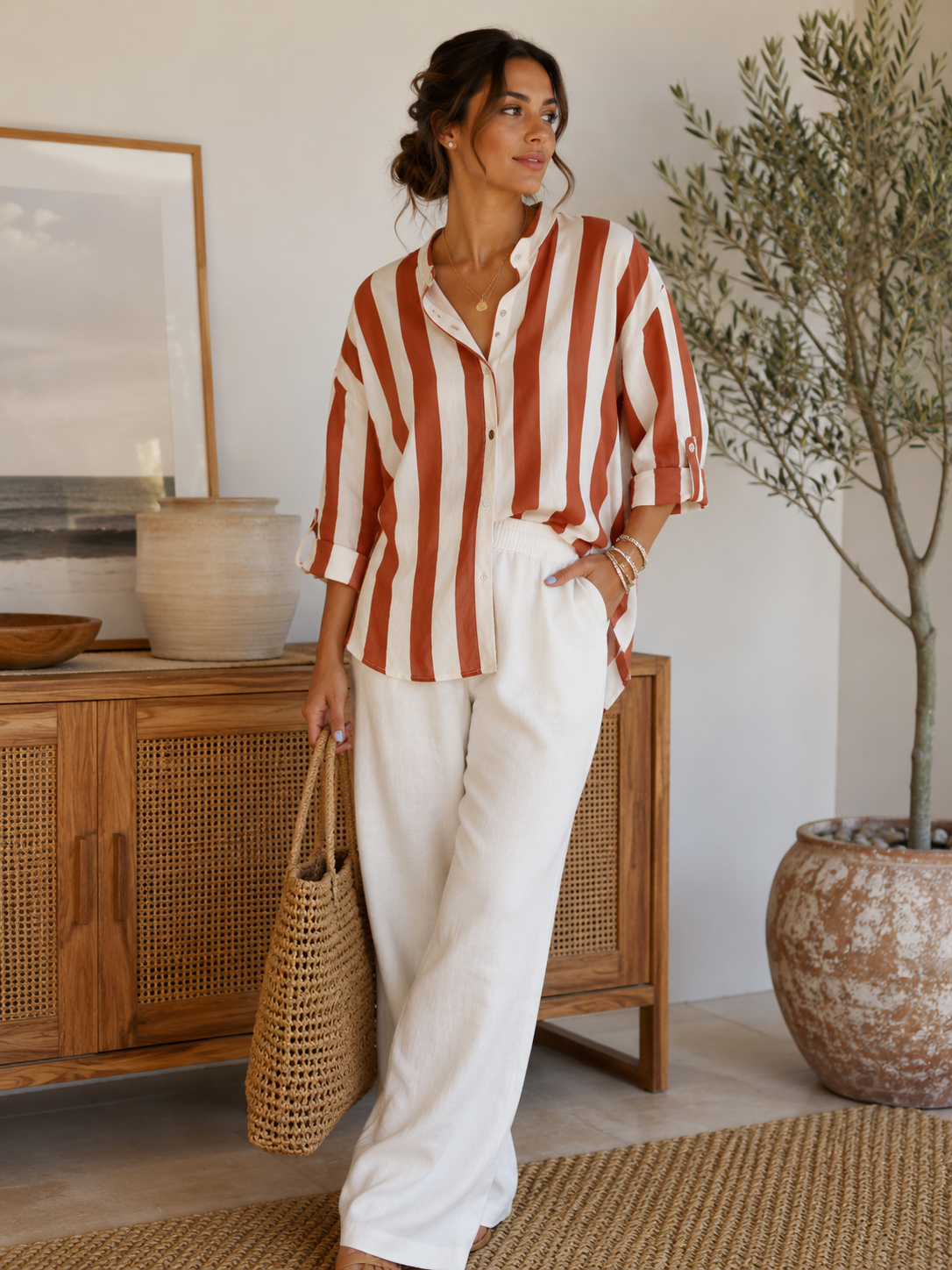 Italian Striped Relaxed Button-Up Blouse Rust