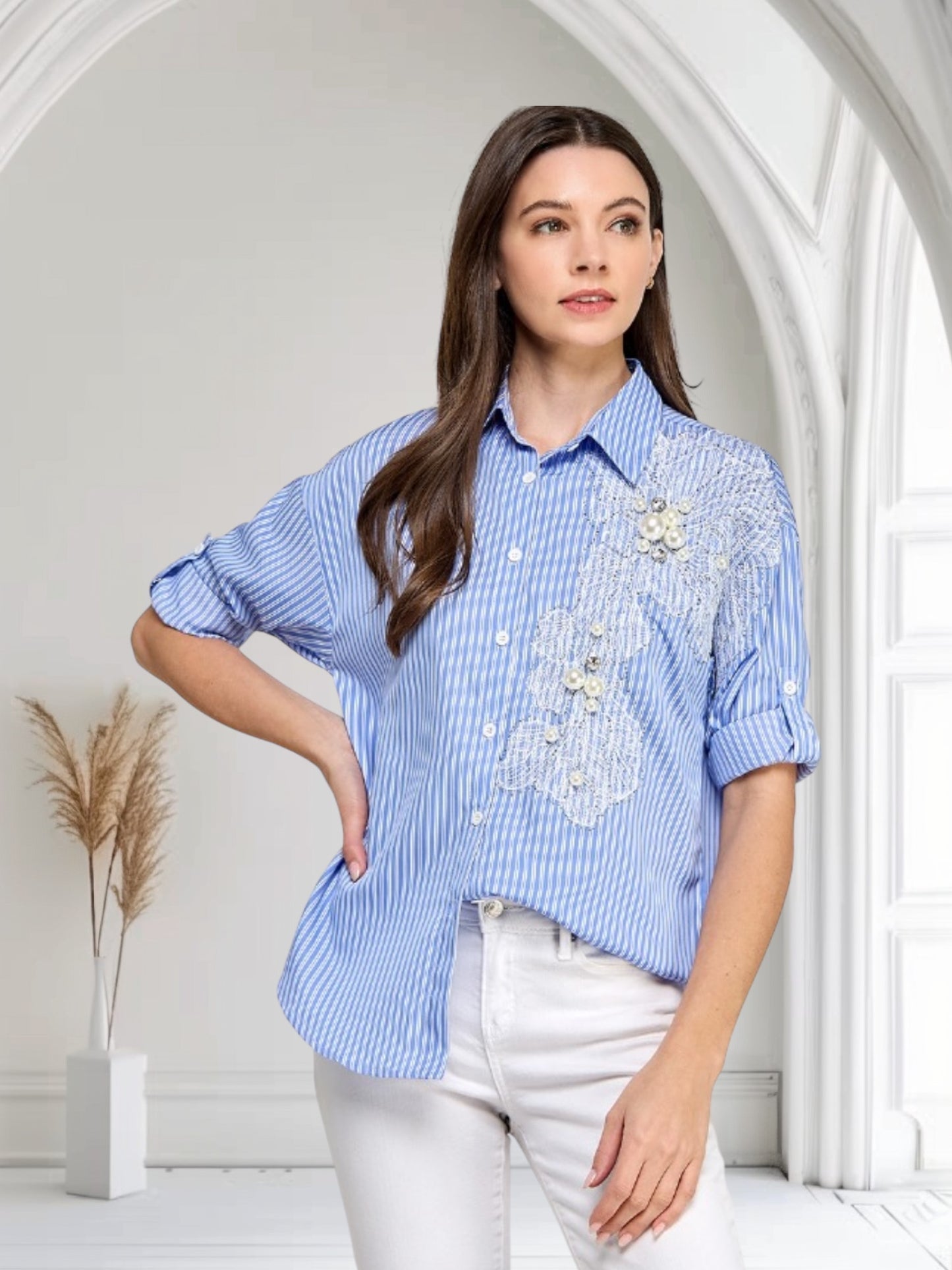 Blue with stripes and Lace accent Top