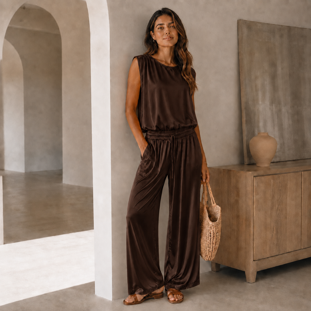 Italian Brown Satin Elegance Two-Piece Set