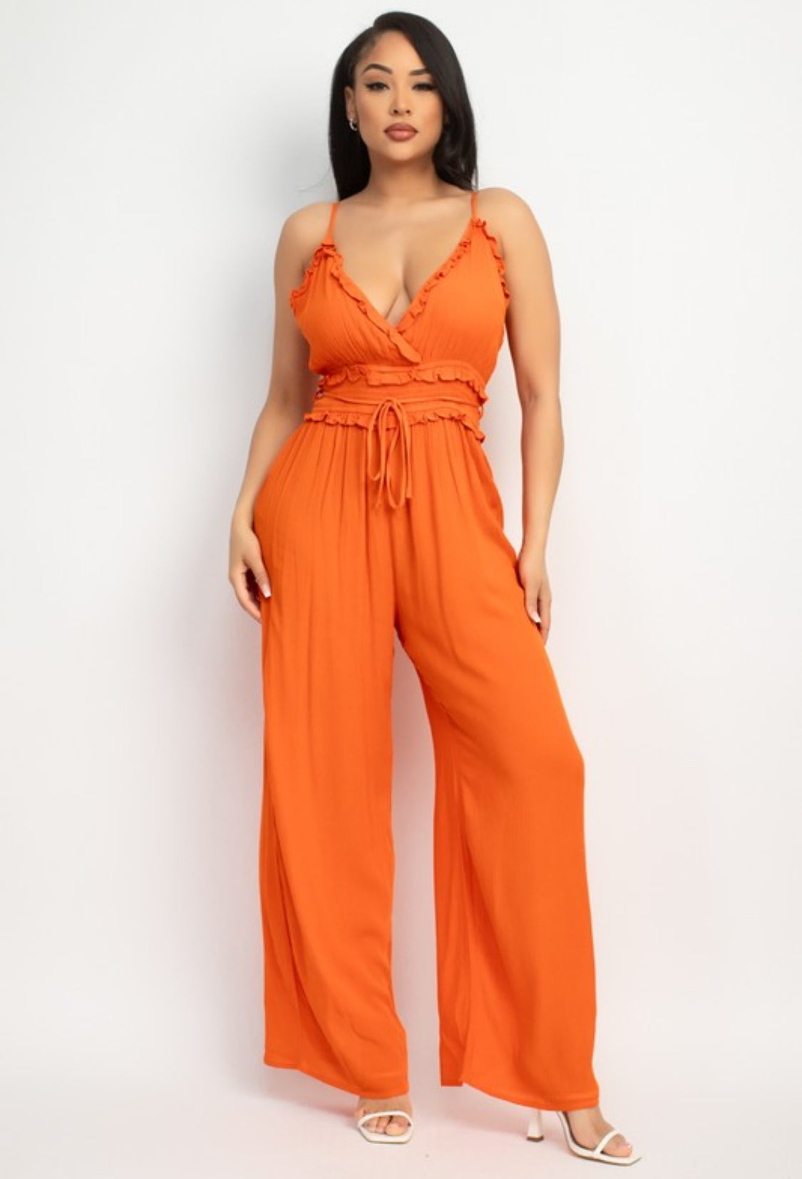 Ruffled V- Neck Wrap Orange Jumpsuit