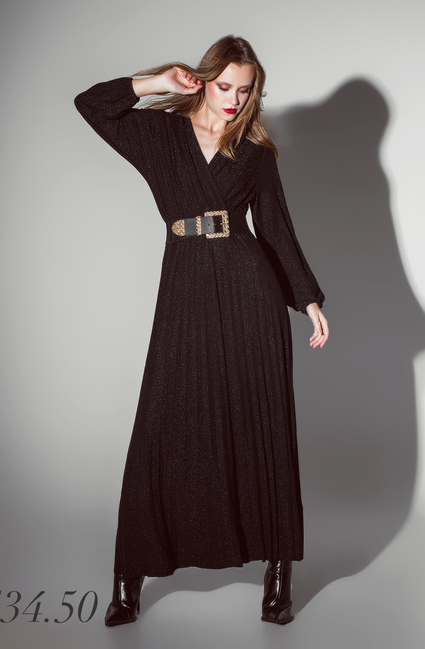 Party Long Sleeve Maxi Dress with Glitter in Black (Belt not included)