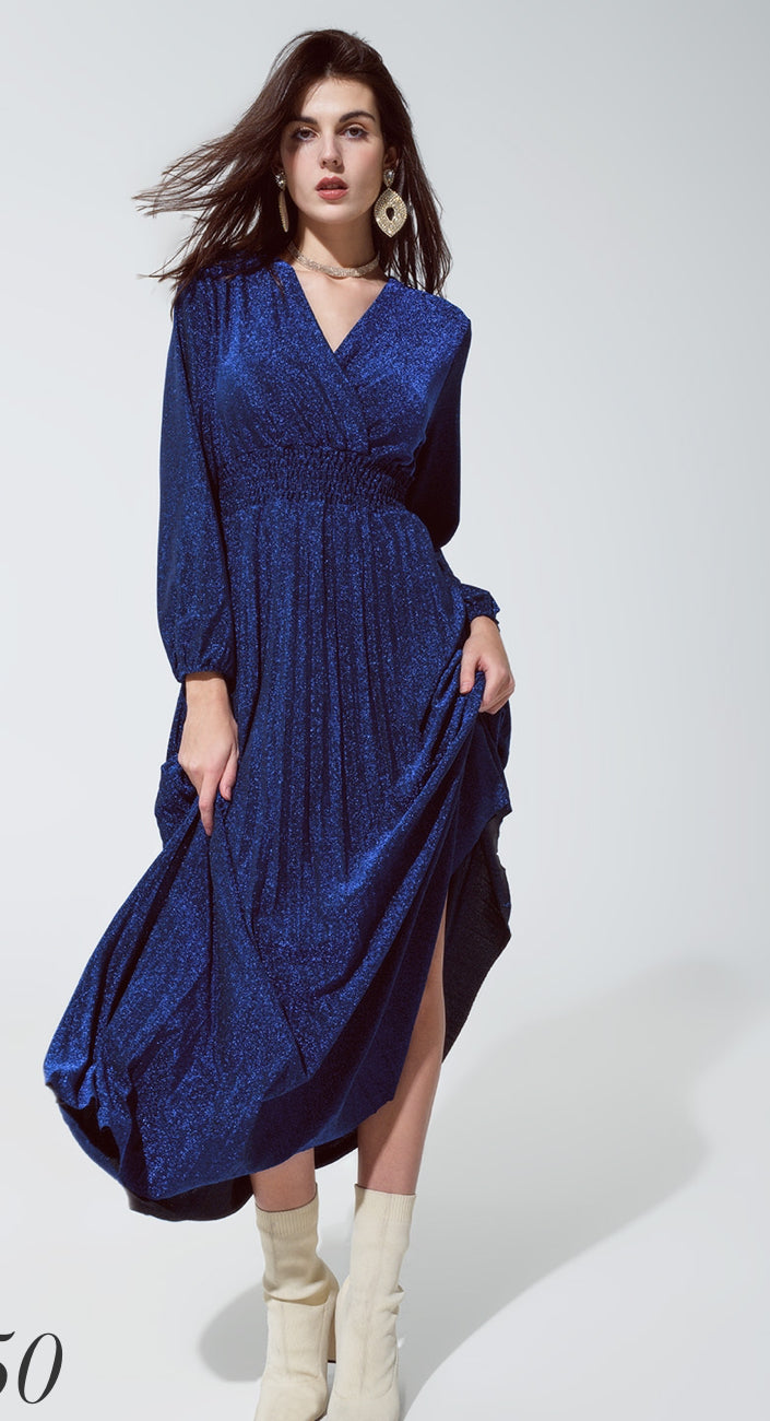 Blue shiny fitted high waist maxi dress with V neck in Blue