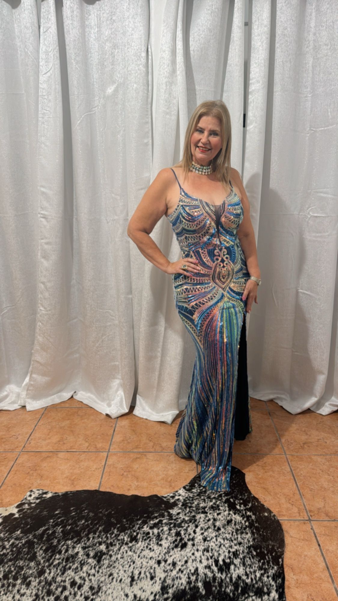 Royal Blue & Champagne Sequin Formal Dress