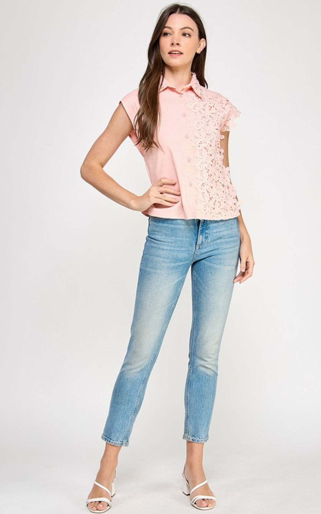 Lace Accent Top with Rhinestone in Neckline Pink
