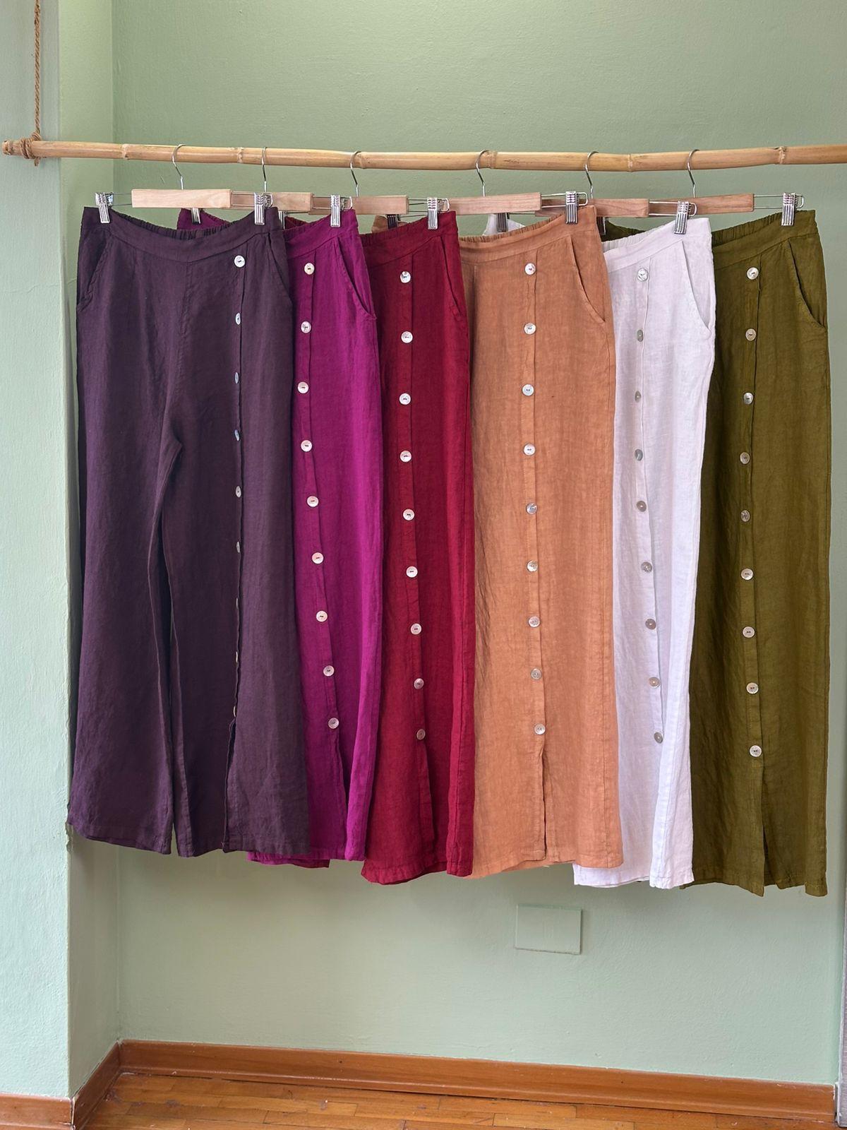 Italian Linen Palazzo with Buttons White
