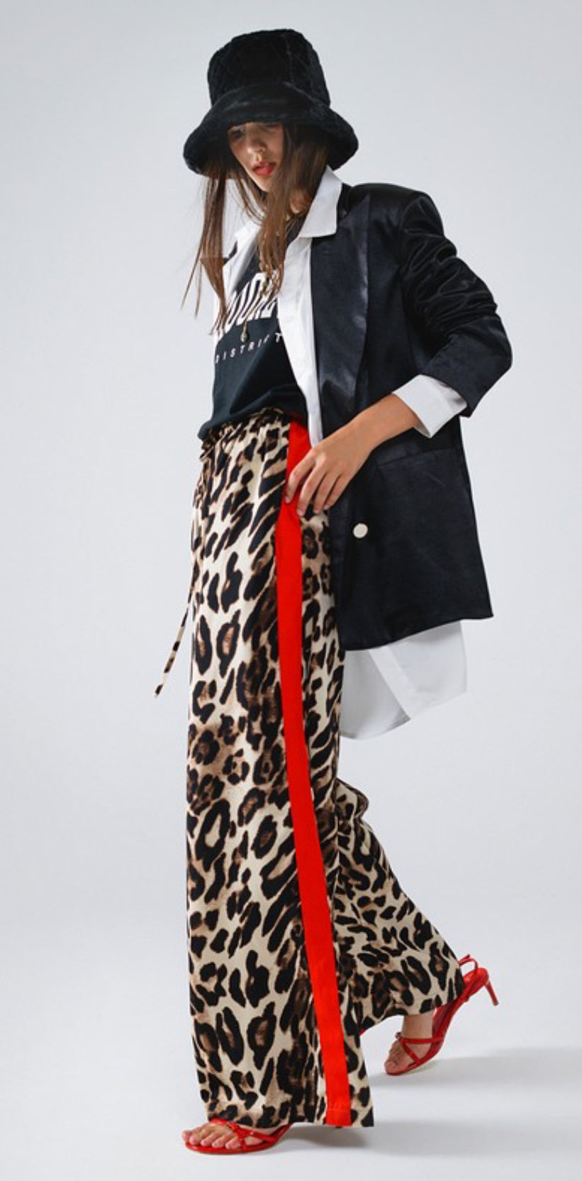 Leopard Straight Pants With Red Stripes