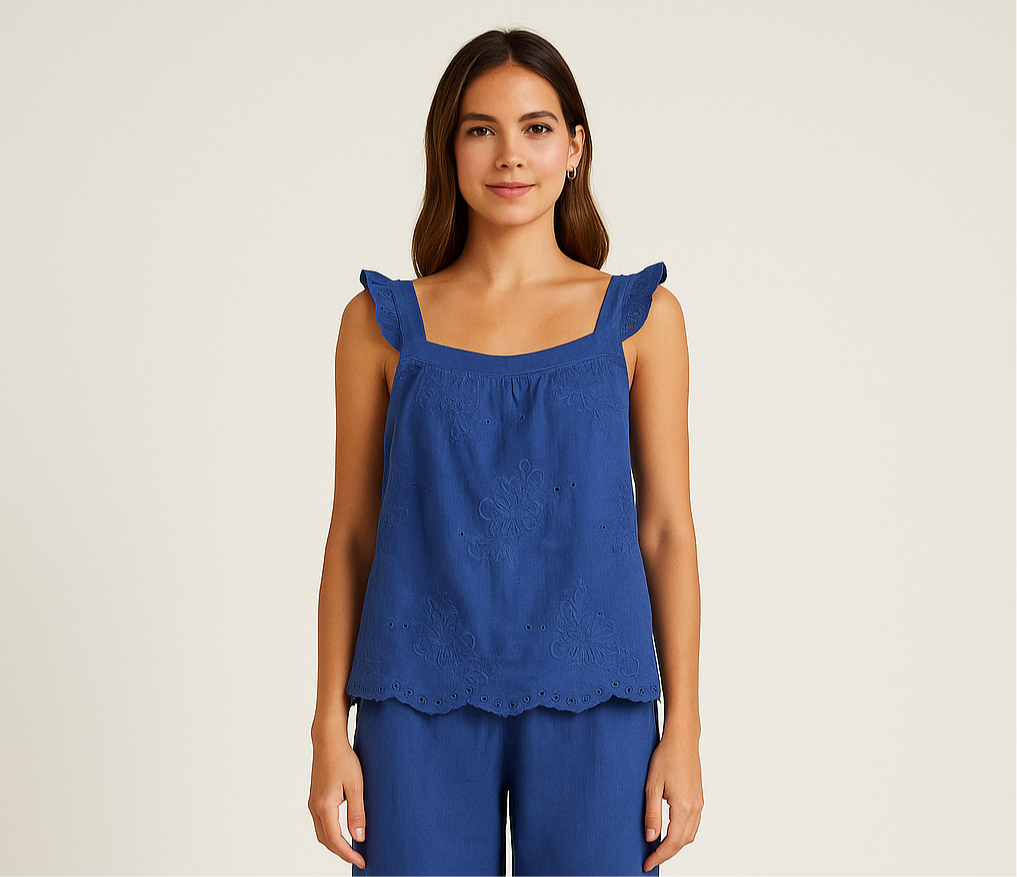 Italian Linen Top With Sangallo in Blue