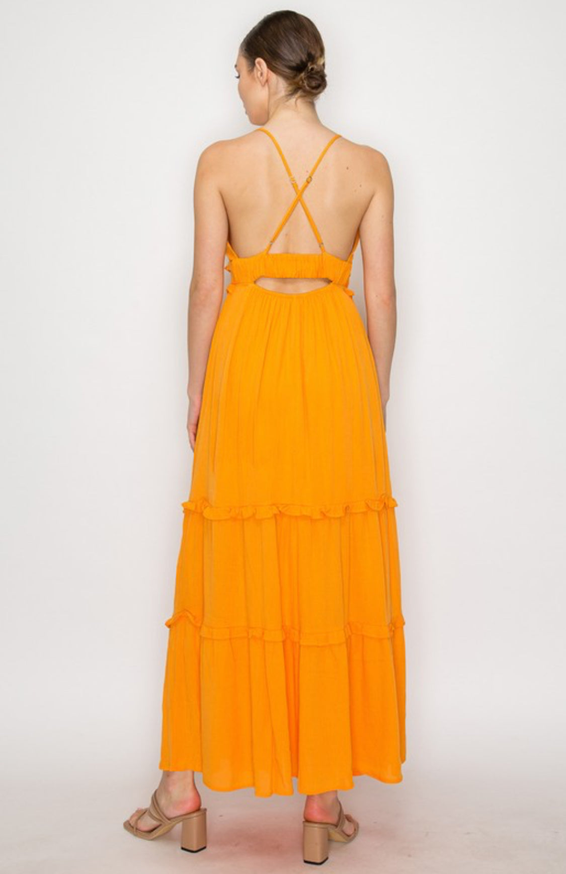 Crossed Back Ruffle Trim Tiered Tangerine Dress