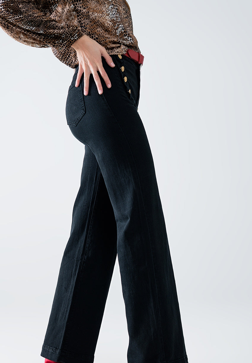 Straight Jeans With Gold Buttons At the Side in black