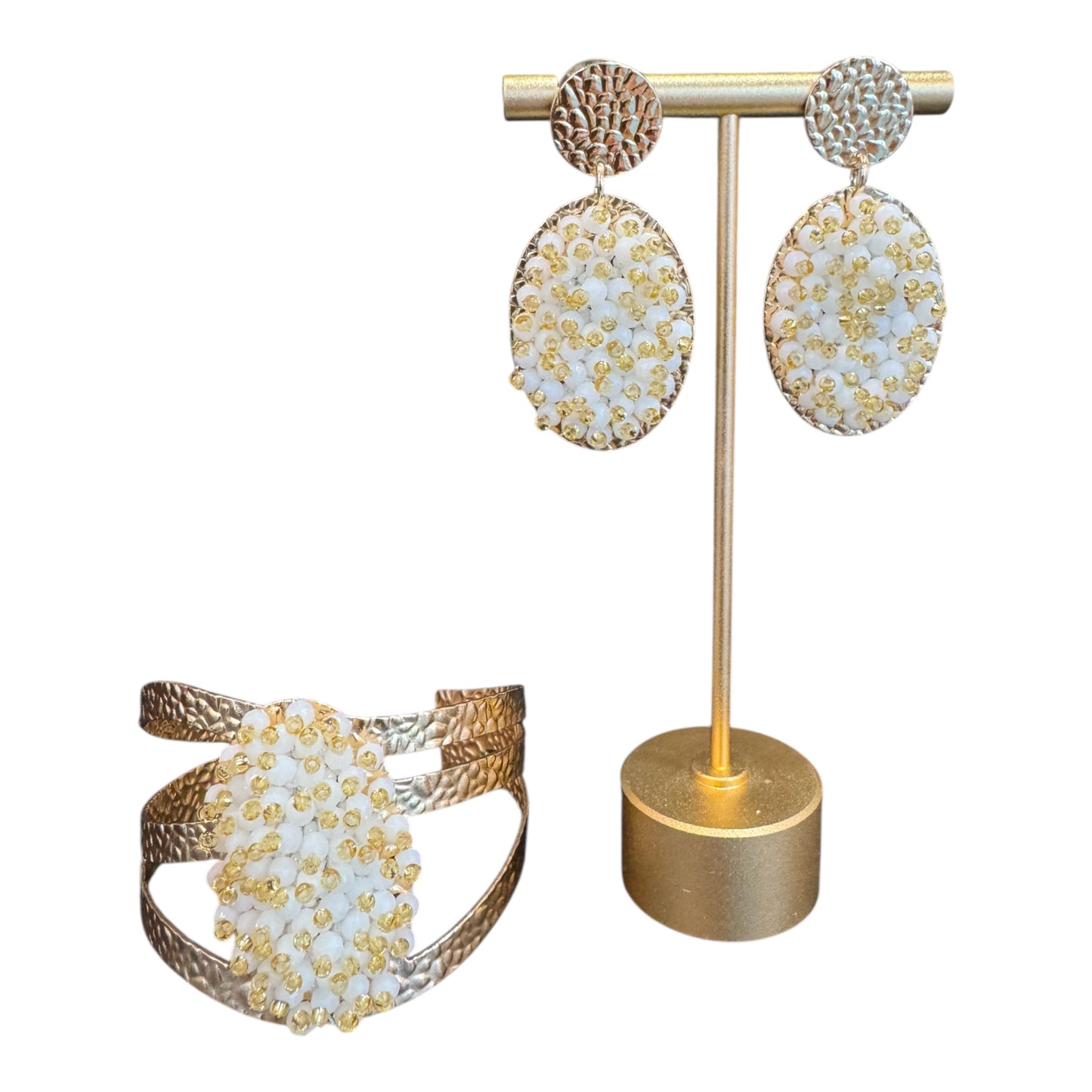 Handcrafted Bracelet and Long Earring Set White Gold