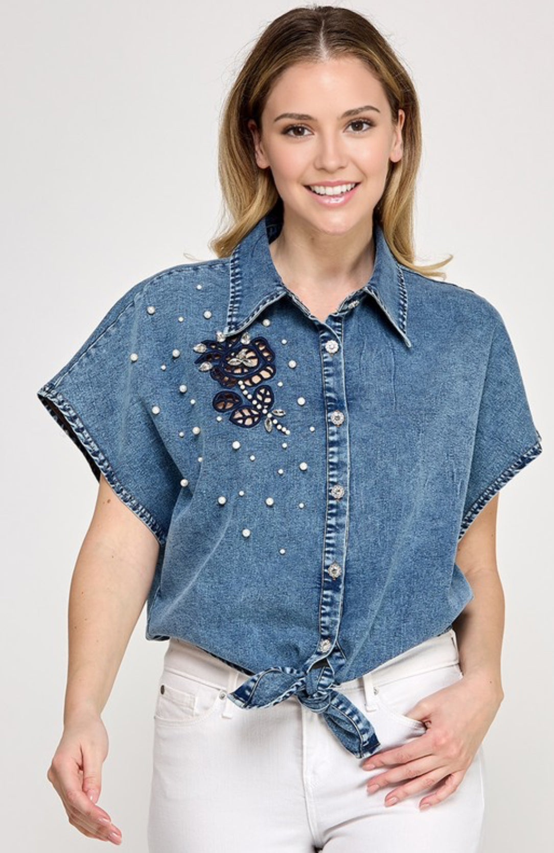 Denim Top With Embroidery and Pearls and Rhinestones Accents
