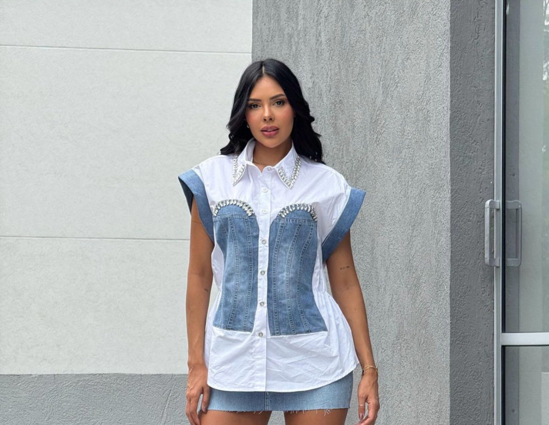 Top With Corset Like Denim and Rhinestones Accents