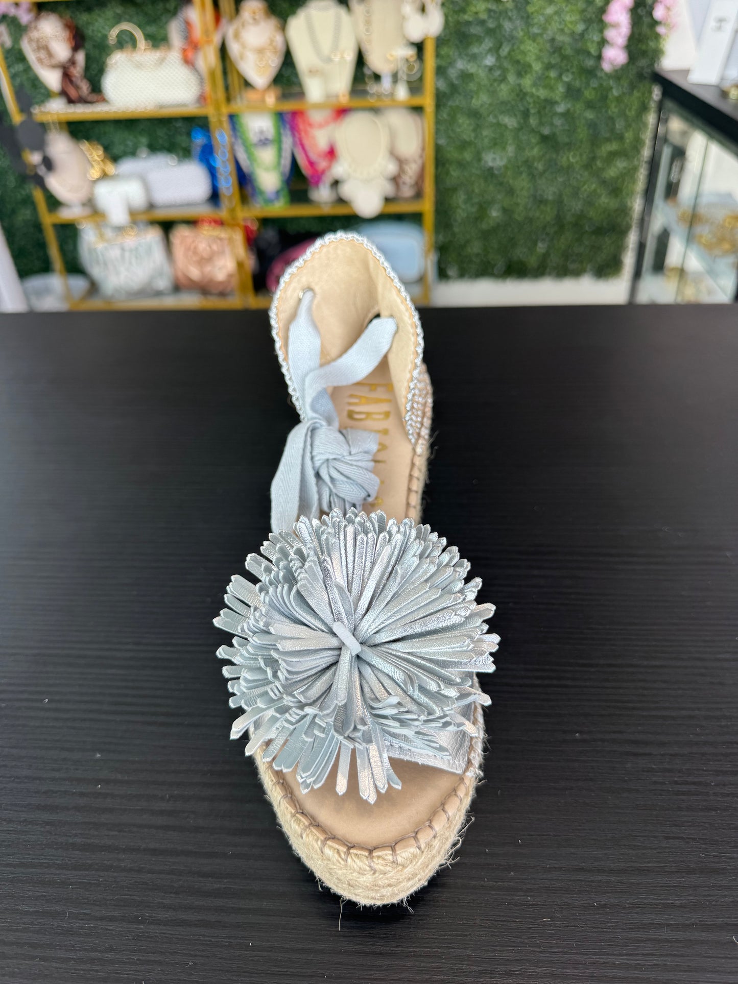 Espadrille Silver Leather Upper with Flower accent