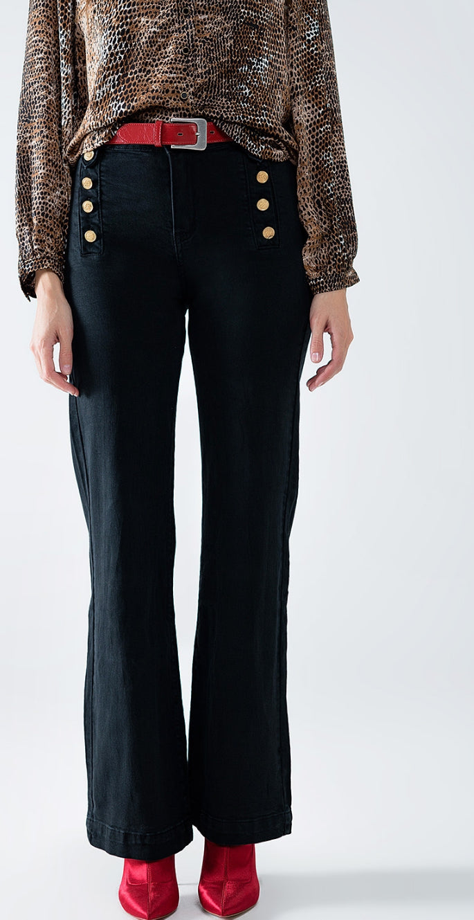 Straight Jeans With Gold Buttons At the Side in black