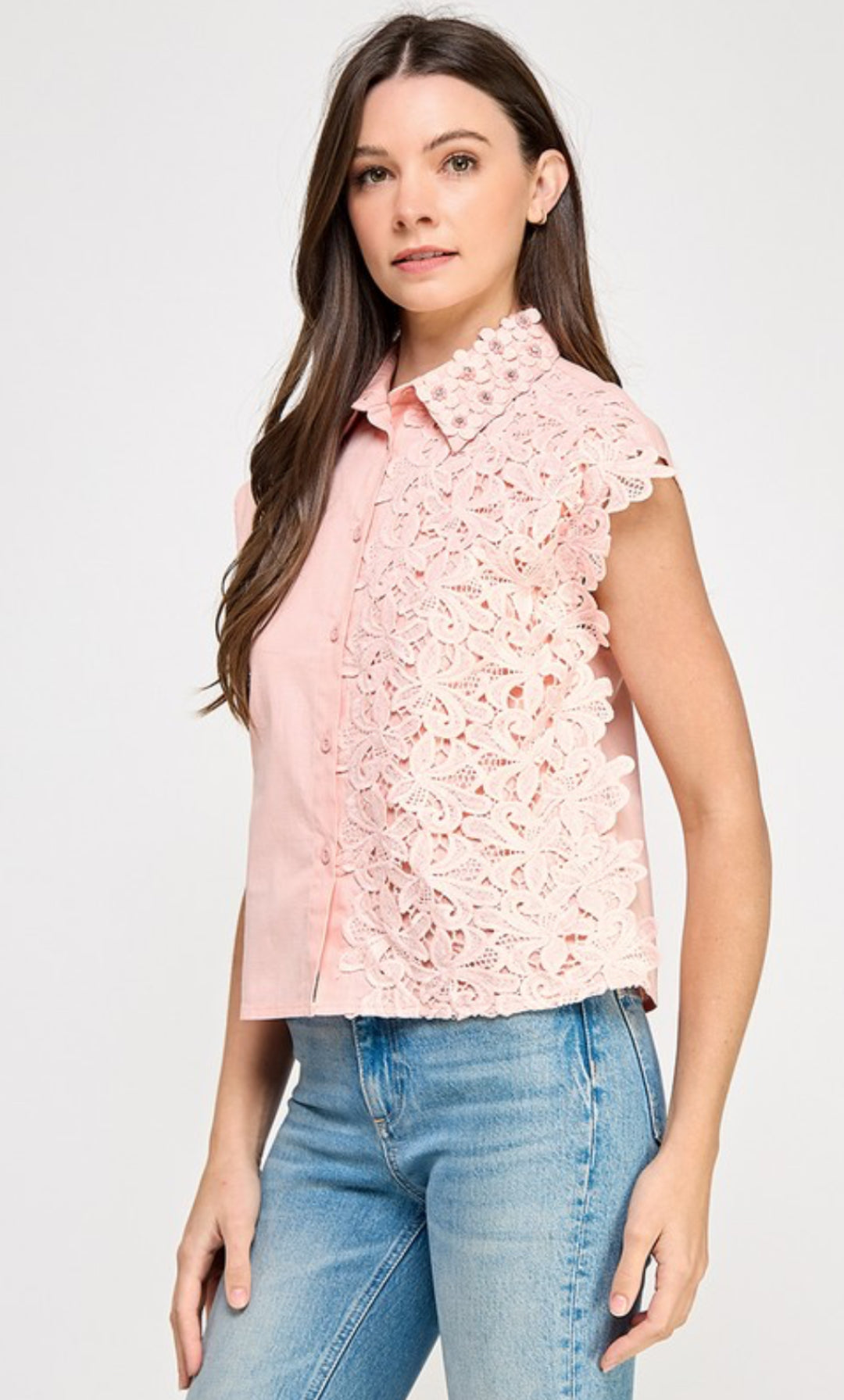 Lace Accent Top with Rhinestone in Neckline Pink