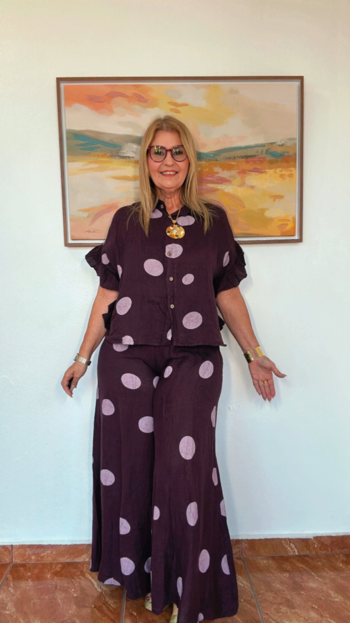 Italian Linen Top with Dots Berry