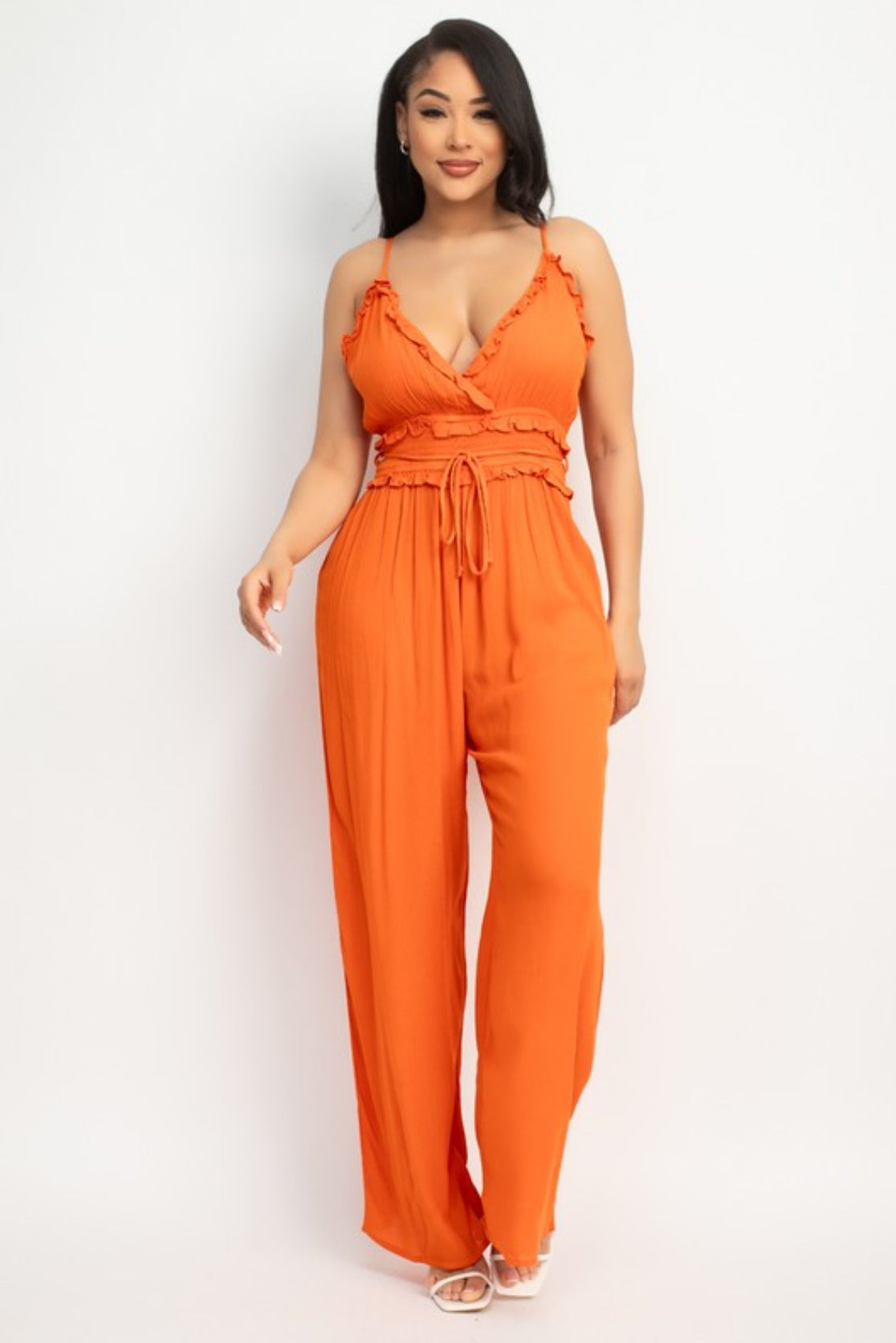 Ruffled V- Neck Wrap Orange Jumpsuit