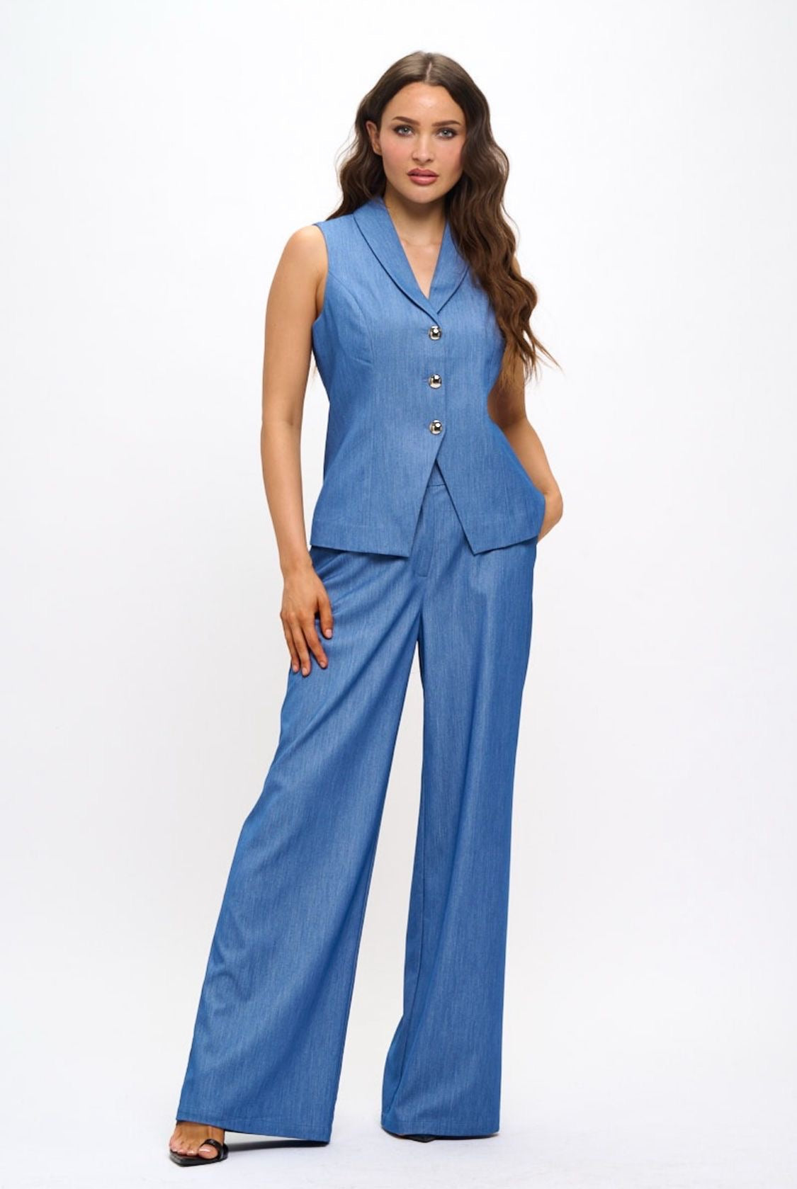 Ligth Denim Vest And Wide Leg Pant