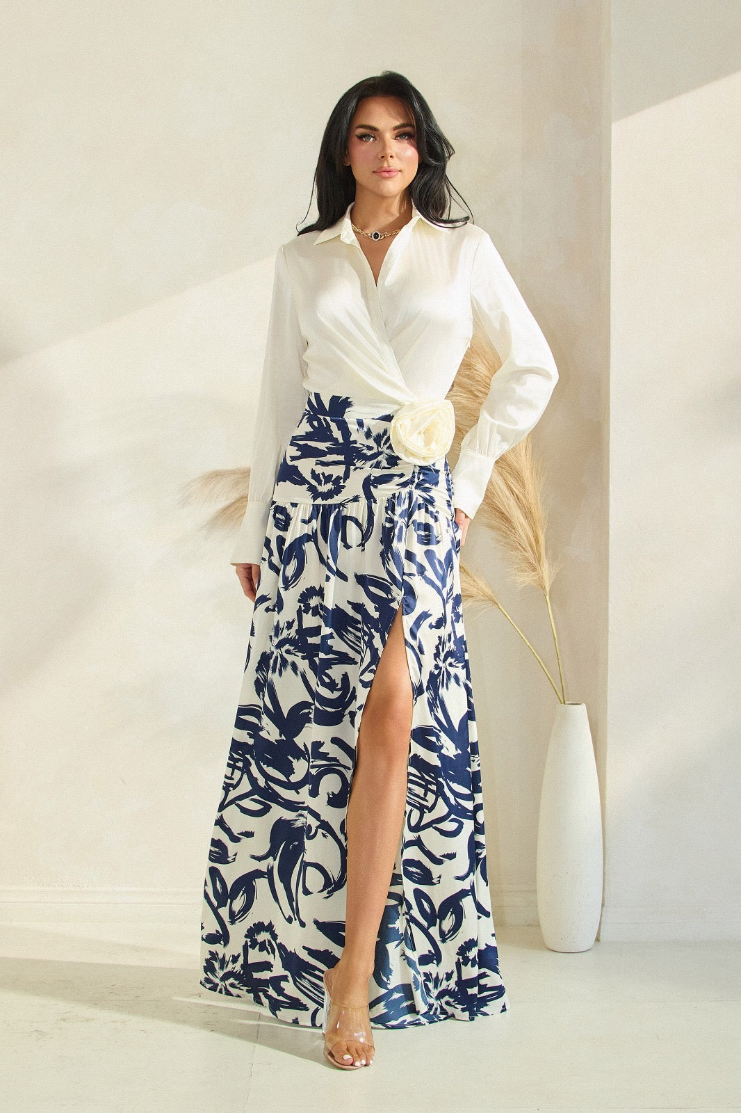 Satin dress white and blue print