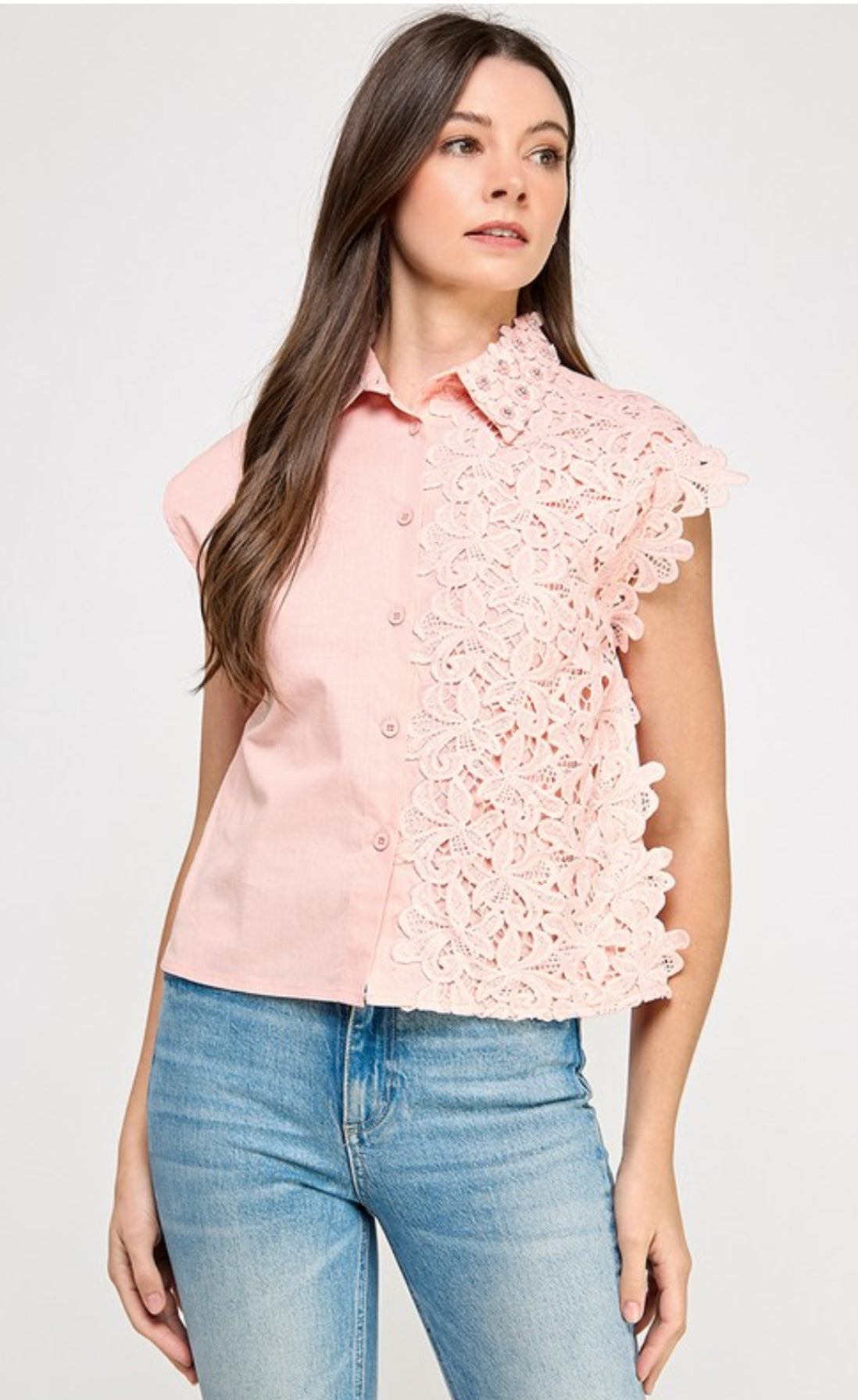 Lace Accent Top with Rhinestone in Neckline Pink